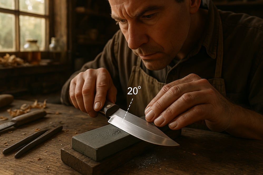 The image depicts a closeup of a skilled artisan sharpening a highquality fixedblade knife on a traditional whetstone The scene is set in a rustic workshop filled with warm natural light filtering through a nearby window casting soft shadows The arti