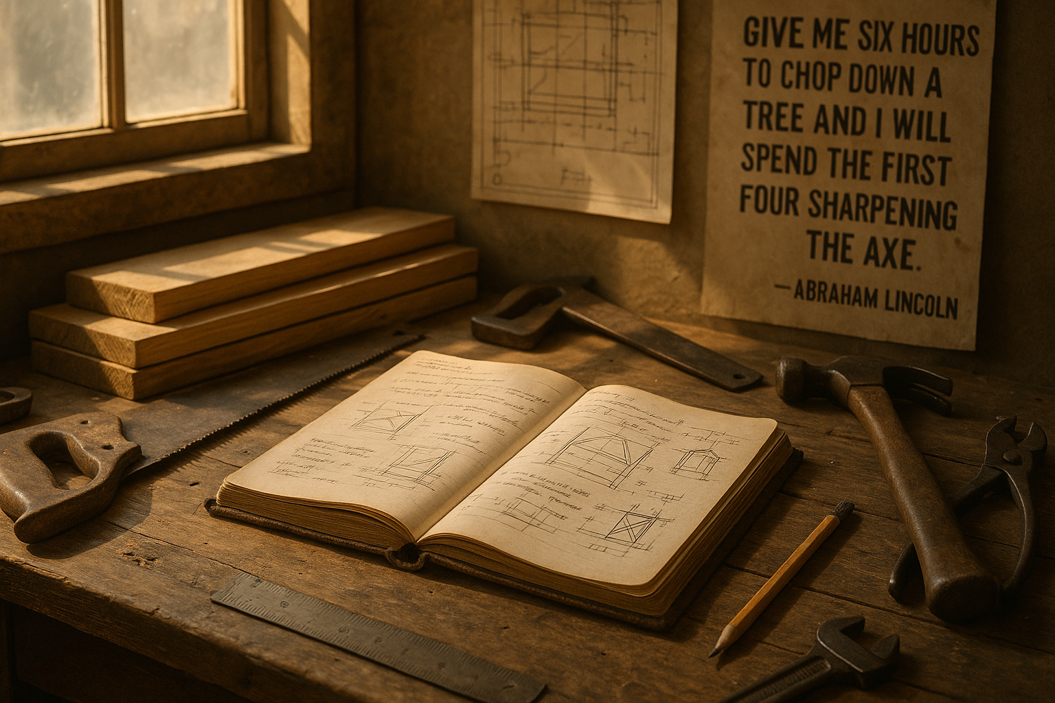The image depicts a rustic wooden workbench cluttered with tools and materials illuminated by warm natural light streaming through a nearby window On the bench a wellused notebook lies open filled with handwritten notes sketches and diagrams in vario-1